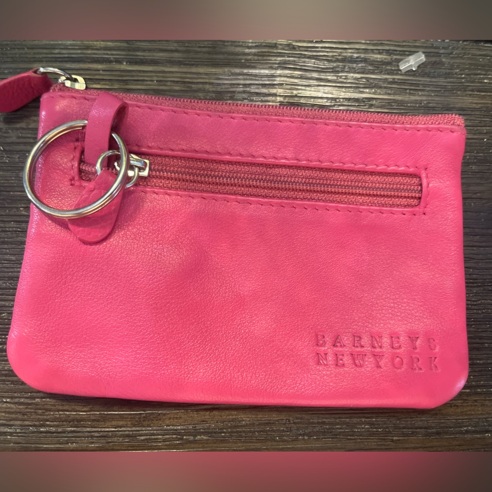 Barneys New York Pink Leather Coin & Key Pouch Mini Zip Wallet